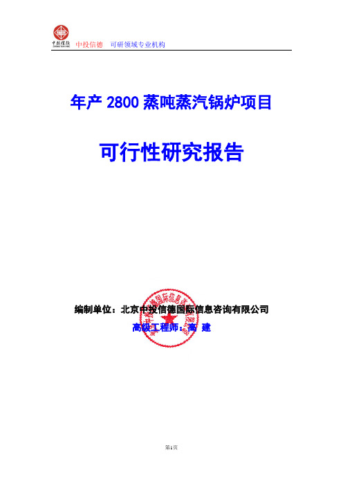 年产2800蒸吨蒸汽锅炉项目可行性研究报告编写格式及参考(模板word)