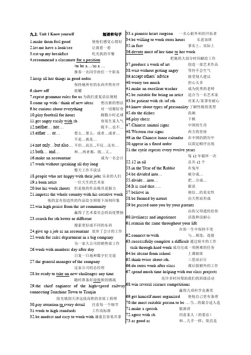 译林版牛津初中英语九年级上册Units1--4各单元词组和重点句子整理