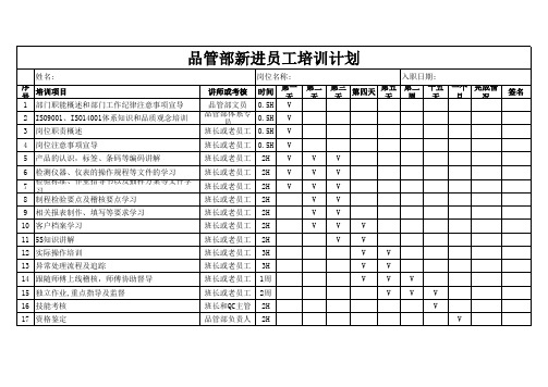 品管部新进员工培训计划