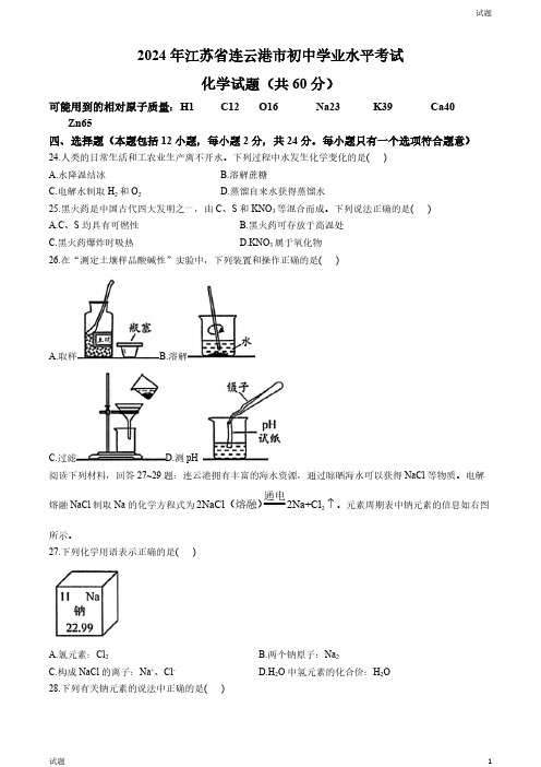 2024年江苏省连云港中考化学真题卷及答案