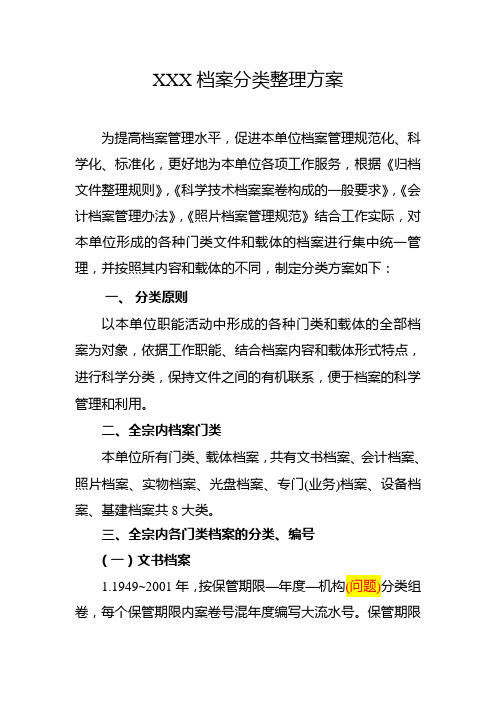 XXX档案分类整理方案模板分析