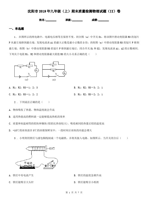 沈阳市2019年九年级(上)期末质量检测物理试题(II)卷