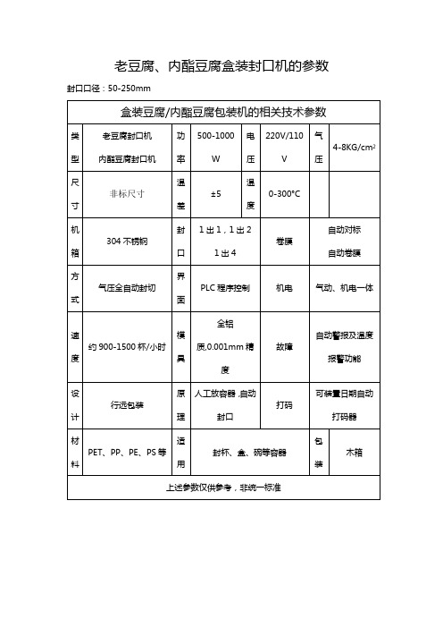 老豆腐、内酯豆腐盒装封口机的参数