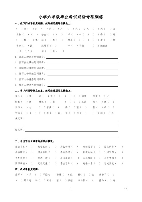 小学六年级毕业考试成语专项训练(试卷)