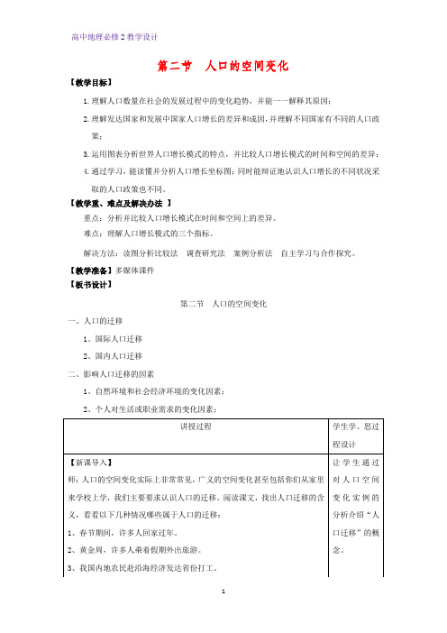 高中地理必修2教学设计20：1.2人口的空间变化教案