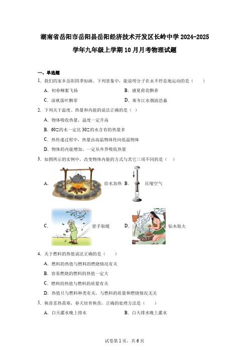 湖南省岳阳市岳阳县岳阳经济技术开发区长岭中学2024-2025学年九年级上学期10月月考物理试题