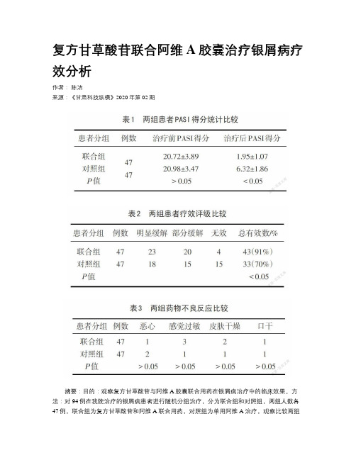 复方甘草酸苷联合阿维A胶囊治疗银屑病疗效分析 