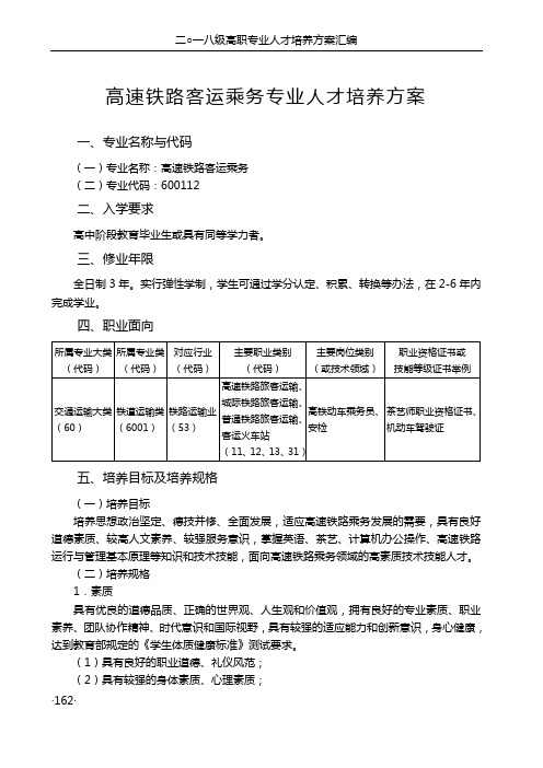 (完整版)高速铁路客运乘务专业人才培养方案