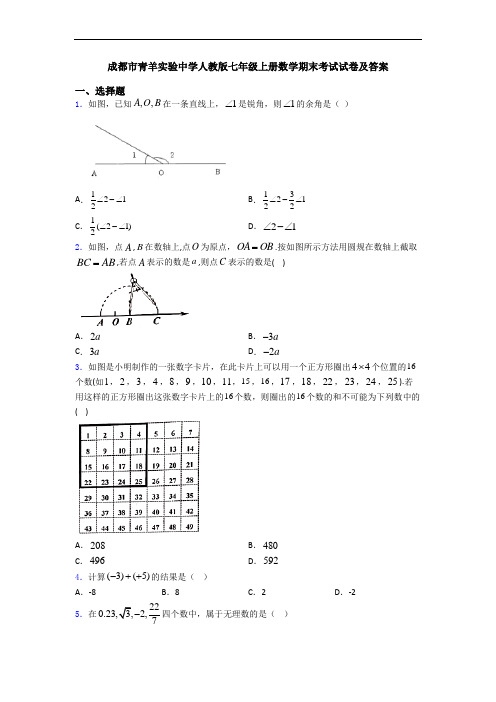 成都市青羊实验中学人教版七年级上册数学期末考试试卷及答案