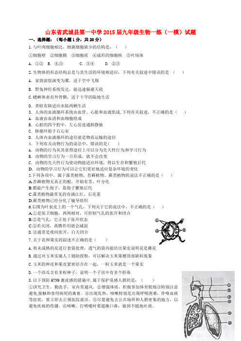 山东省武城县第一中学九年级生物一练(一模)试题