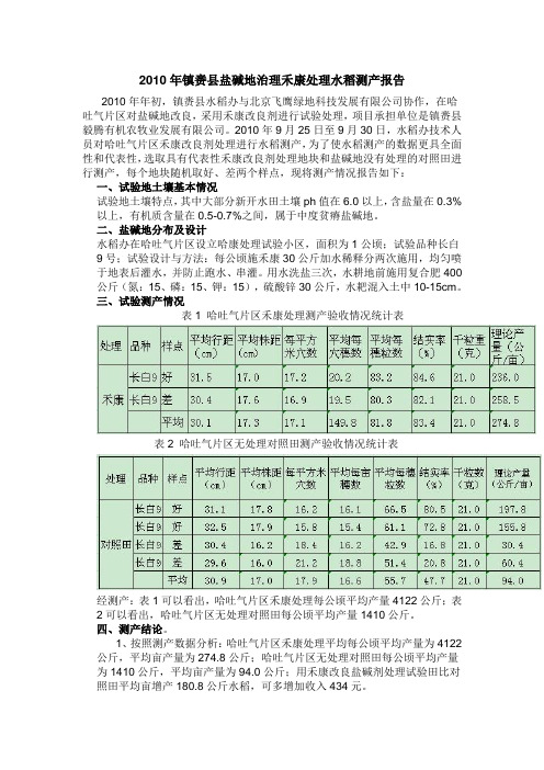 盐碱地种植水稻施用禾康处理测产报告(吉林镇赉县,水稻)