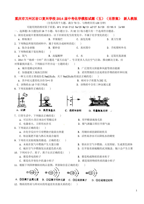 重庆市万州区岩口复兴学校2014届中考化学模拟试题(五)