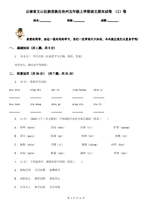 云南省文山壮族苗族自治州五年级上学期语文期末试卷 (I)卷