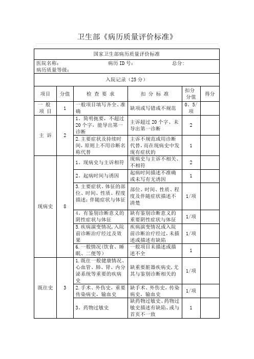 卫生部病历质量评价标准