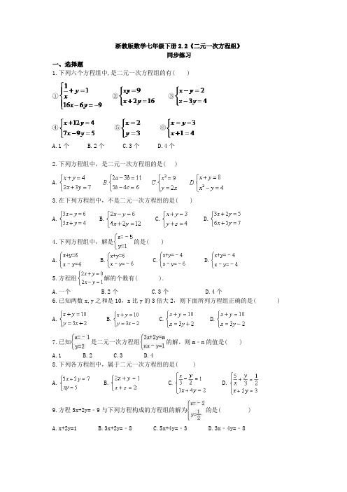 浙教版数学七年级下册2.2《二元一次方程组》同步练习(含答案)