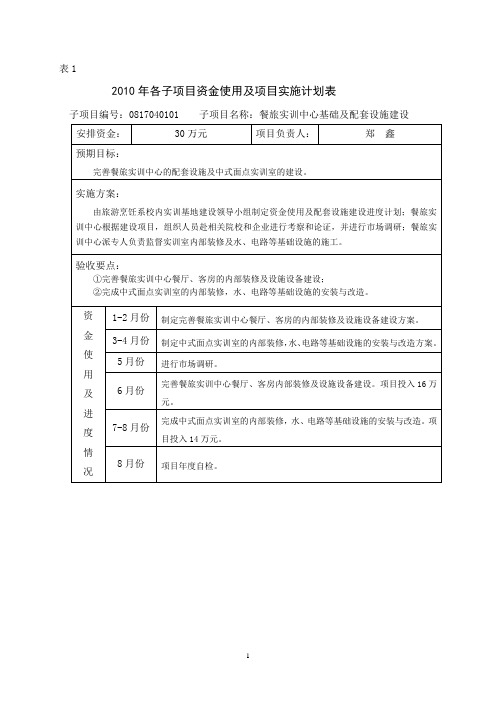 2010年各子项目资金使用及项目实施计划表