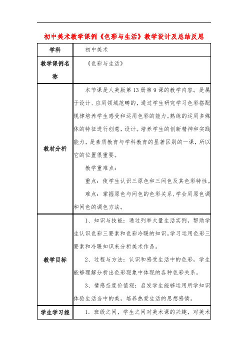 初中美术教学课例《色彩与生活》课程思政核心素养教学设计及总结反思