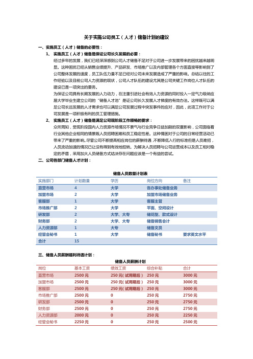 关于实施公司员工(人才)储备计划的建议