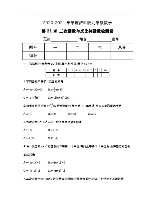 2020-2021学年度沪科版九年级数学第21章二次函数与反比例函数单元测试卷含答案