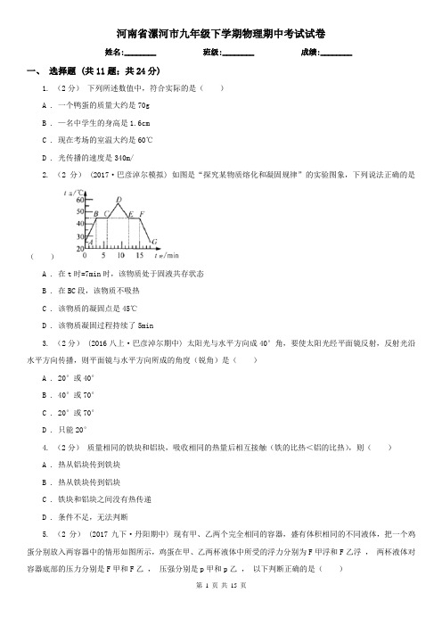 河南省漯河市九年级下学期物理期中考试试卷