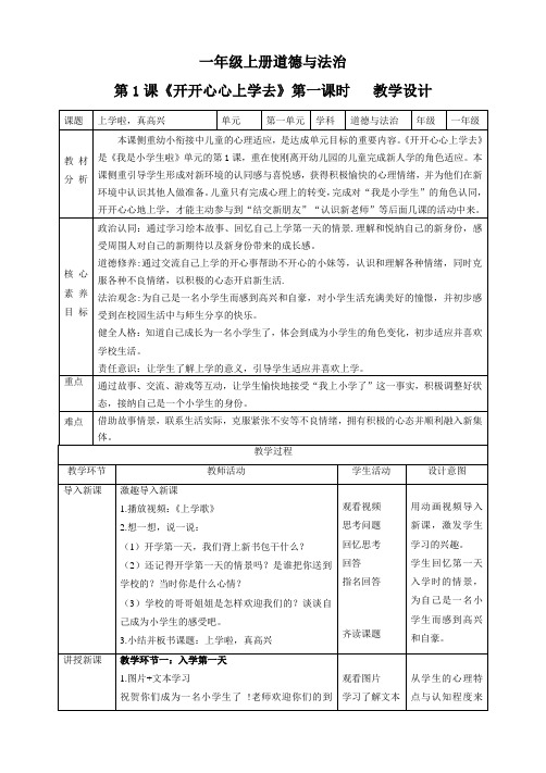 2024学年一年级道法上册(部编版)【核心素养目标】第1课《开开心心上学去》第一课时(教学设计)