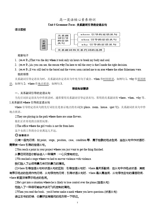 高一英语核心素养特训Unit 5 Grammar Focus 关系副词引导的定语从句