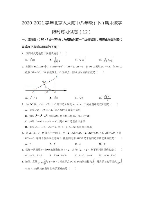 北京市中国人民大学附属中学2020-2021学年八年级下学期期末数学限时练习试卷(12)