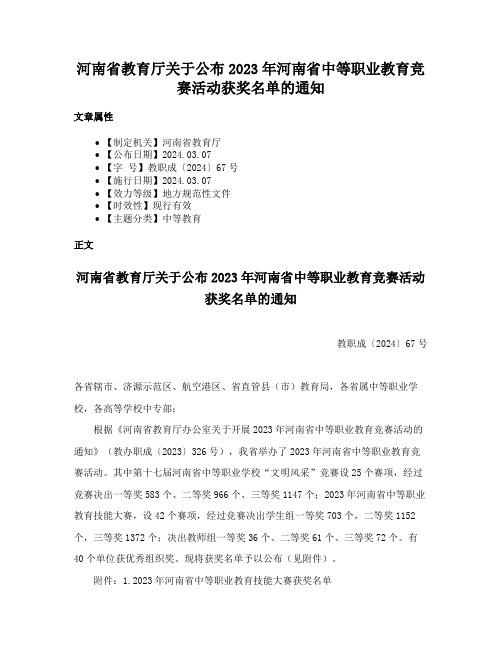 河南省教育厅关于公布2023年河南省中等职业教育竞赛活动获奖名单的通知