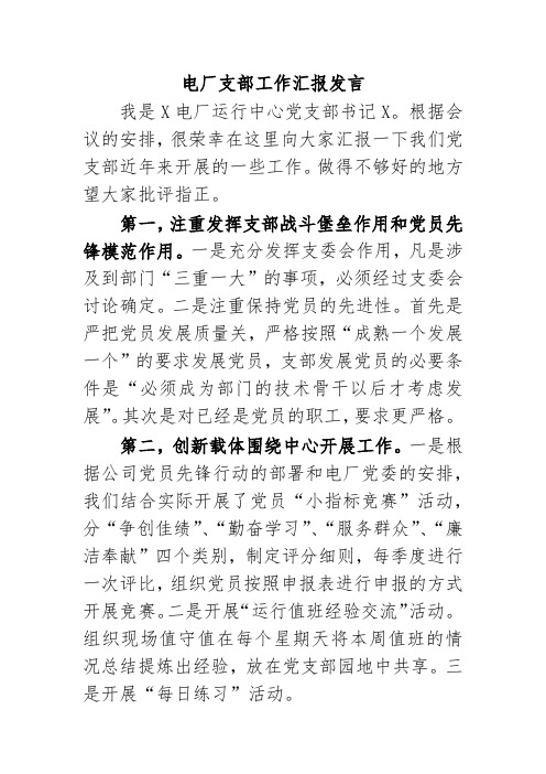 电厂支部工作汇报发言