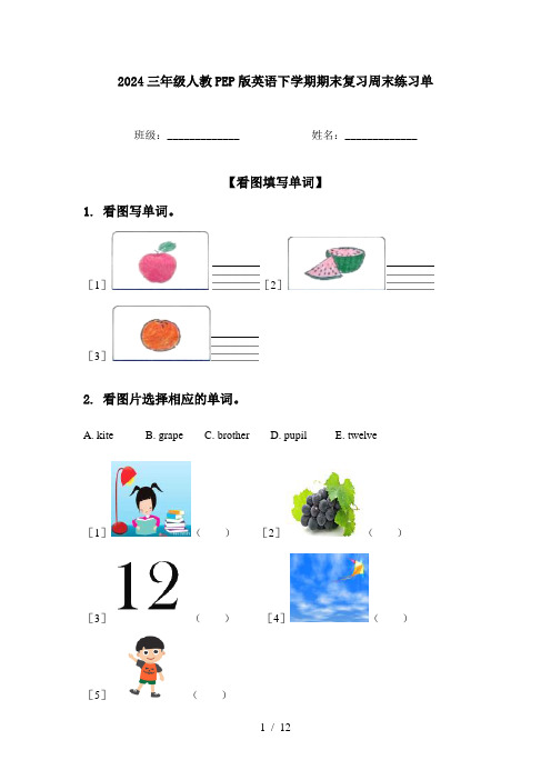 2024三年级人教PEP版英语下学期期末复习周末练习单