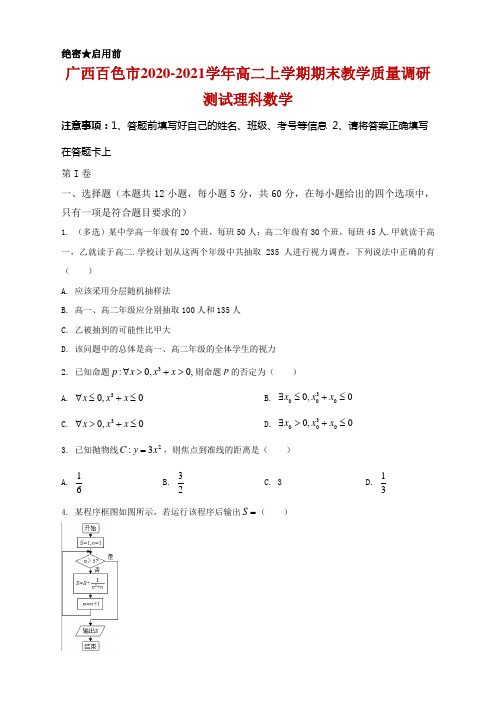 2020-2021学年广西百色市高二上学期期末教学质量调研测试数学(理)试题及答案