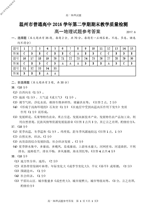 2017年6月浙江省学考选考温州市普通高中2016学年第二学期期末教学质量检测高一地理试题定稿参考答案