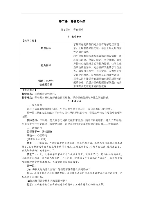 部编版七年级下册道德与法治教案--第二课  第2课时  青春萌动(含教学反思)