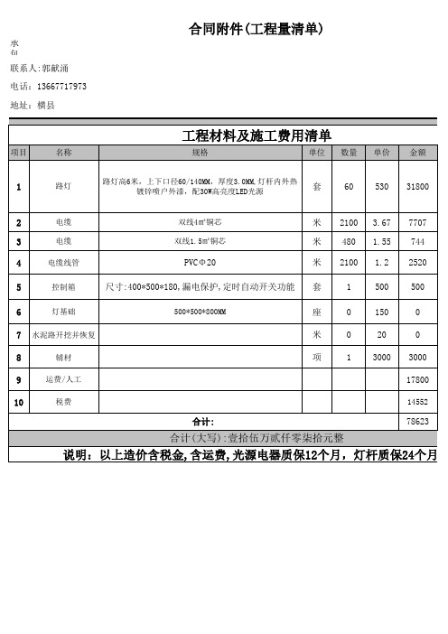 米路灯预算清单