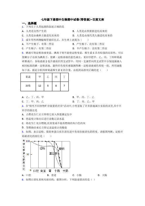 七年级下册期中生物期中试卷(带答案)-百度文库