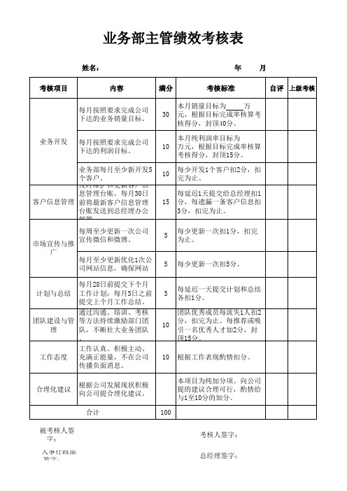 业务主管月度绩效考核表