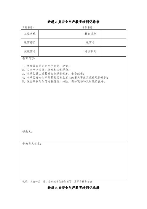 进场人员安全生产教育培训记录表