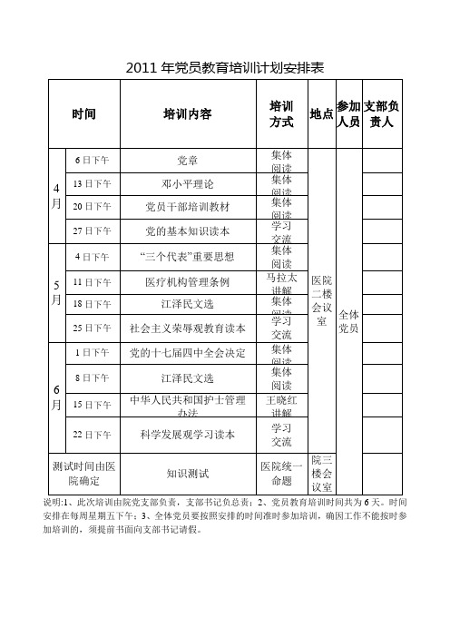 2010年党员教育培训计划安排表