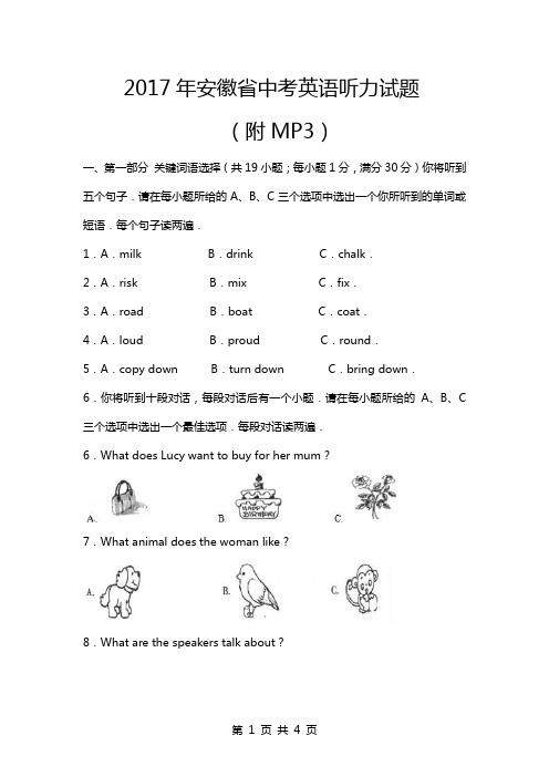 2017年安徽省中考英语听力试题及答案(附MP3)