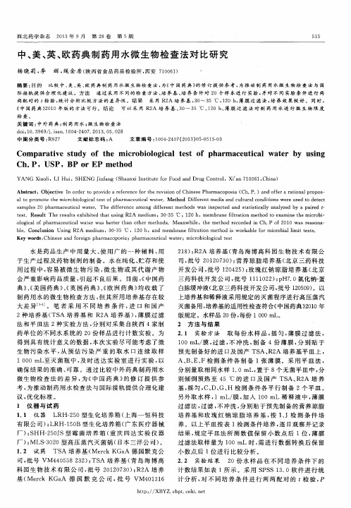 中、美、英、欧药典制药用水微生物检查法对比研究