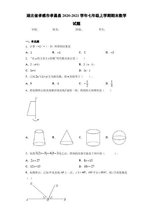 湖北省孝感市孝昌县2020-2021学年七年级上学期期末数学试题