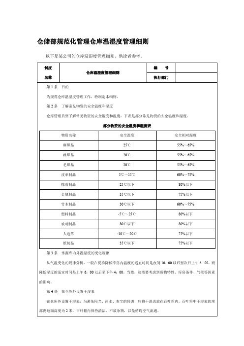 仓储部规范化管理仓库温湿度管理细则