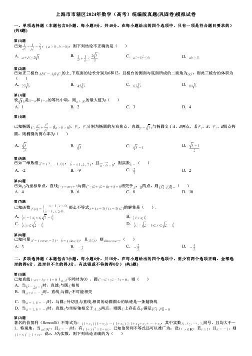 上海市市辖区2024年数学(高考)统编版真题(巩固卷)模拟试卷