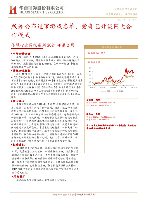 传媒行业周报系列2021年第2周：版署公布过审游戏名单，爱奇艺升级网大合作模式