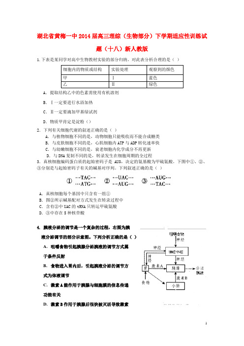 湖北省黄梅一中2014届高三理综(生物部分)下学期适应性训练试题(十八)新人教版