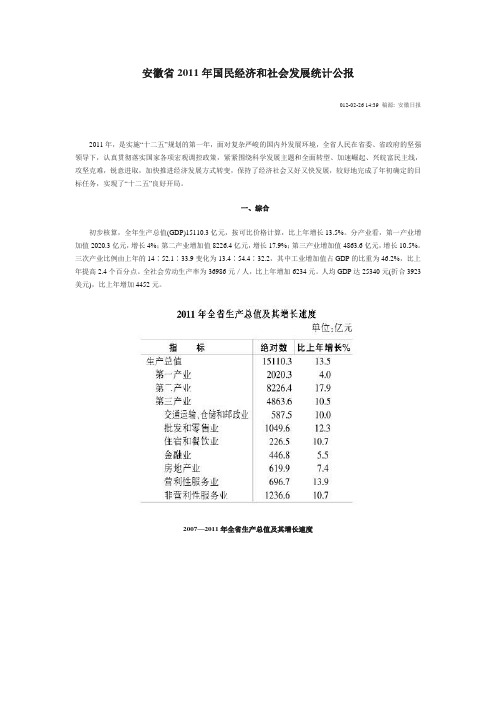 安徽省2011年国民经济和社会发展统计公报