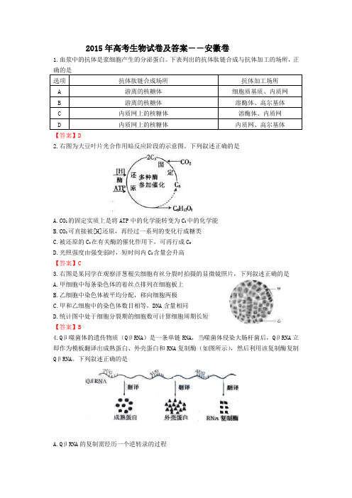 2015年高考生物试卷--安徽卷