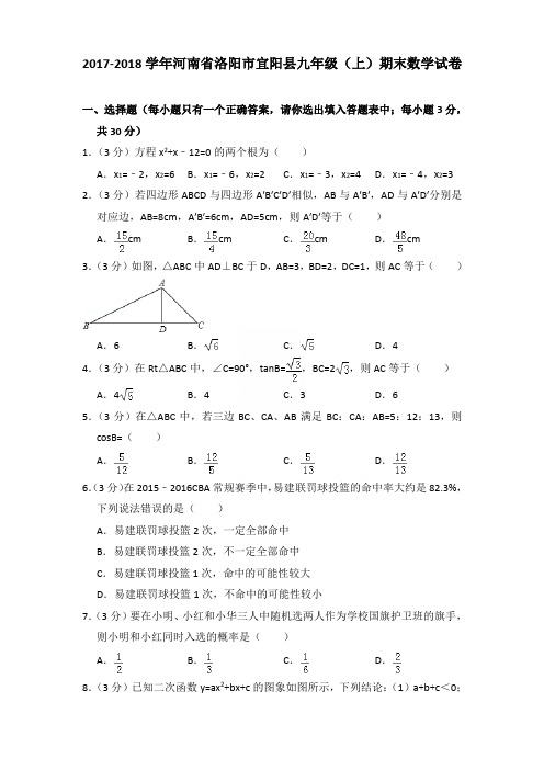 2018年河南省洛阳市宜阳县九年级上学期数学期末试卷【答案版】