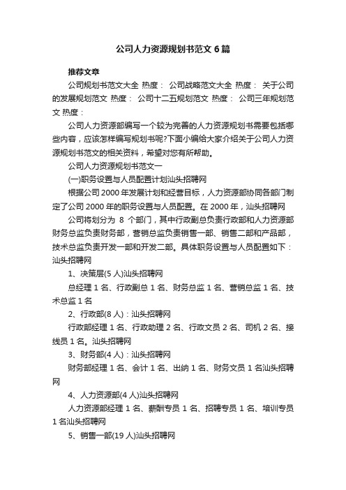 公司人力资源规划书范文6篇