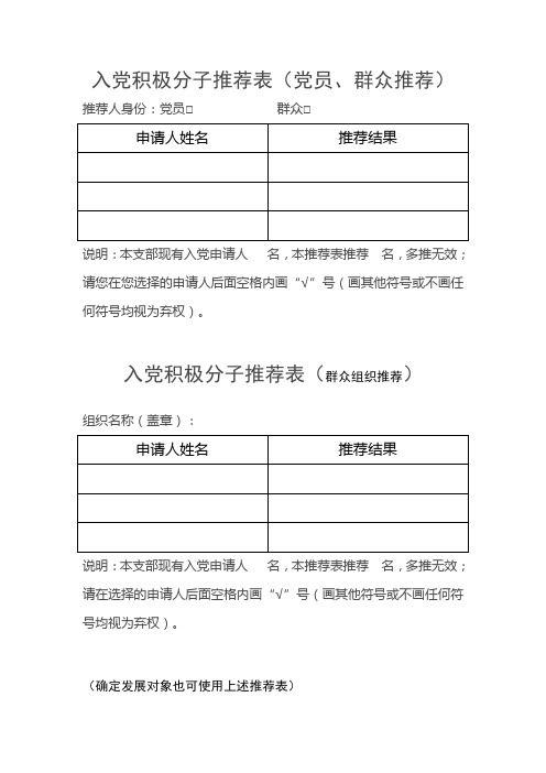 入党积极分子推荐表(党员群众推荐)样表